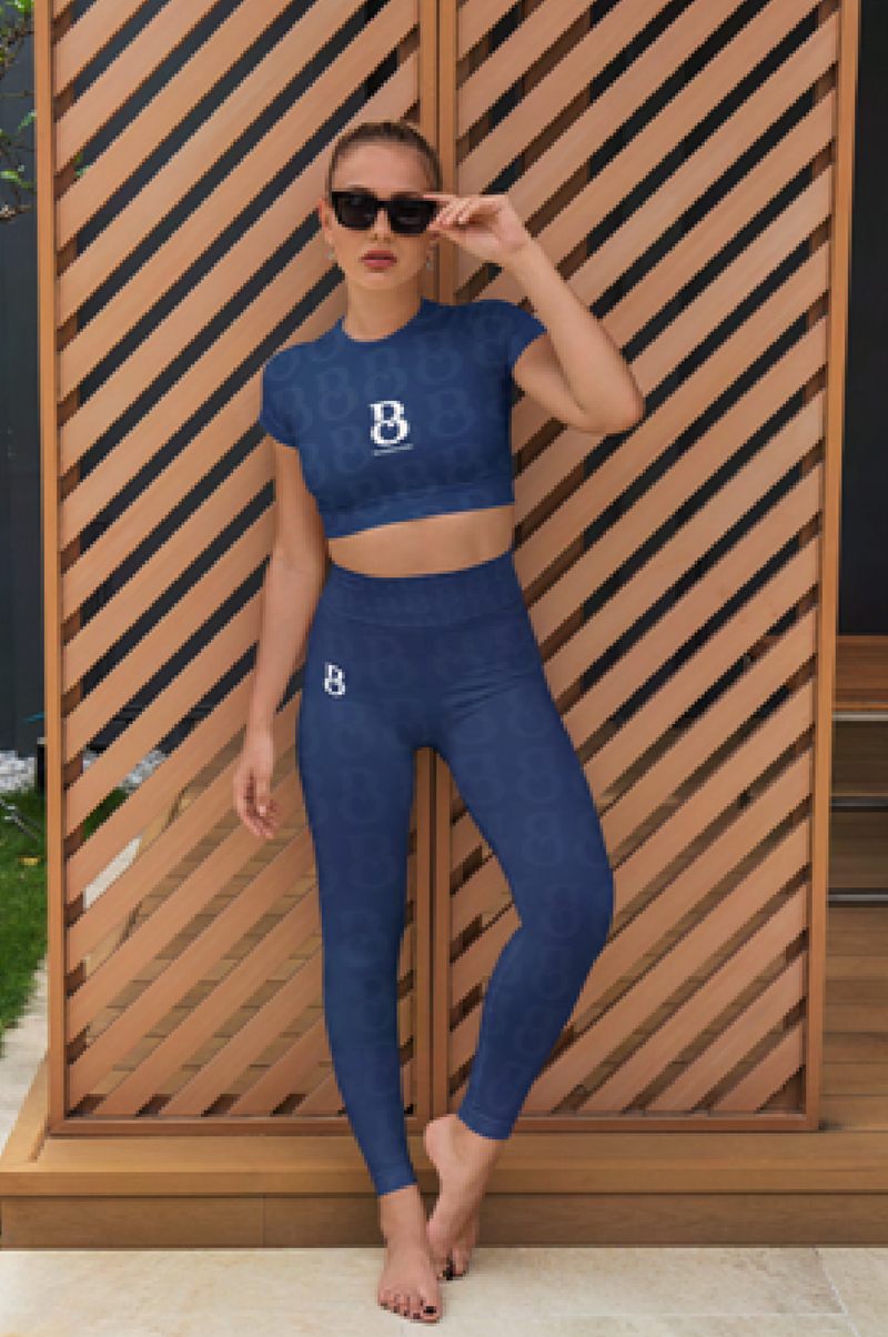 Navy Brasileirada crop top and leggings set with monogram pattern